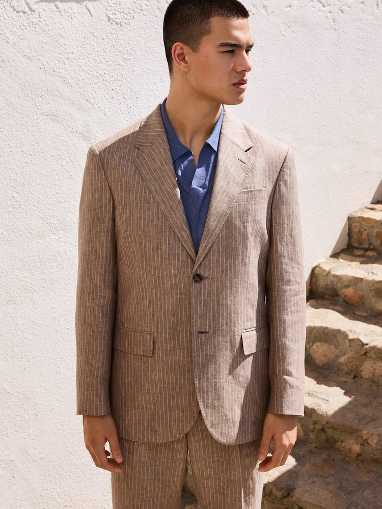 Neutral Regular Fit 100% Linen Stripe Suit Jacket - Image 1 of 20