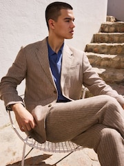 Neutral Regular Fit 100% Linen Stripe Suit Jacket - Image 7 of 20