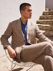 Neutral Regular Fit 100% Linen Stripe Suit Jacket - Image 9 of 20