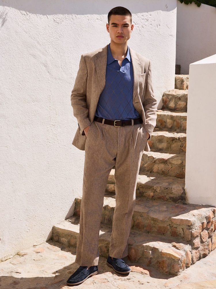 Neutral Regular Fit Linen Stripe Suit Trousers - Image 2 of 5