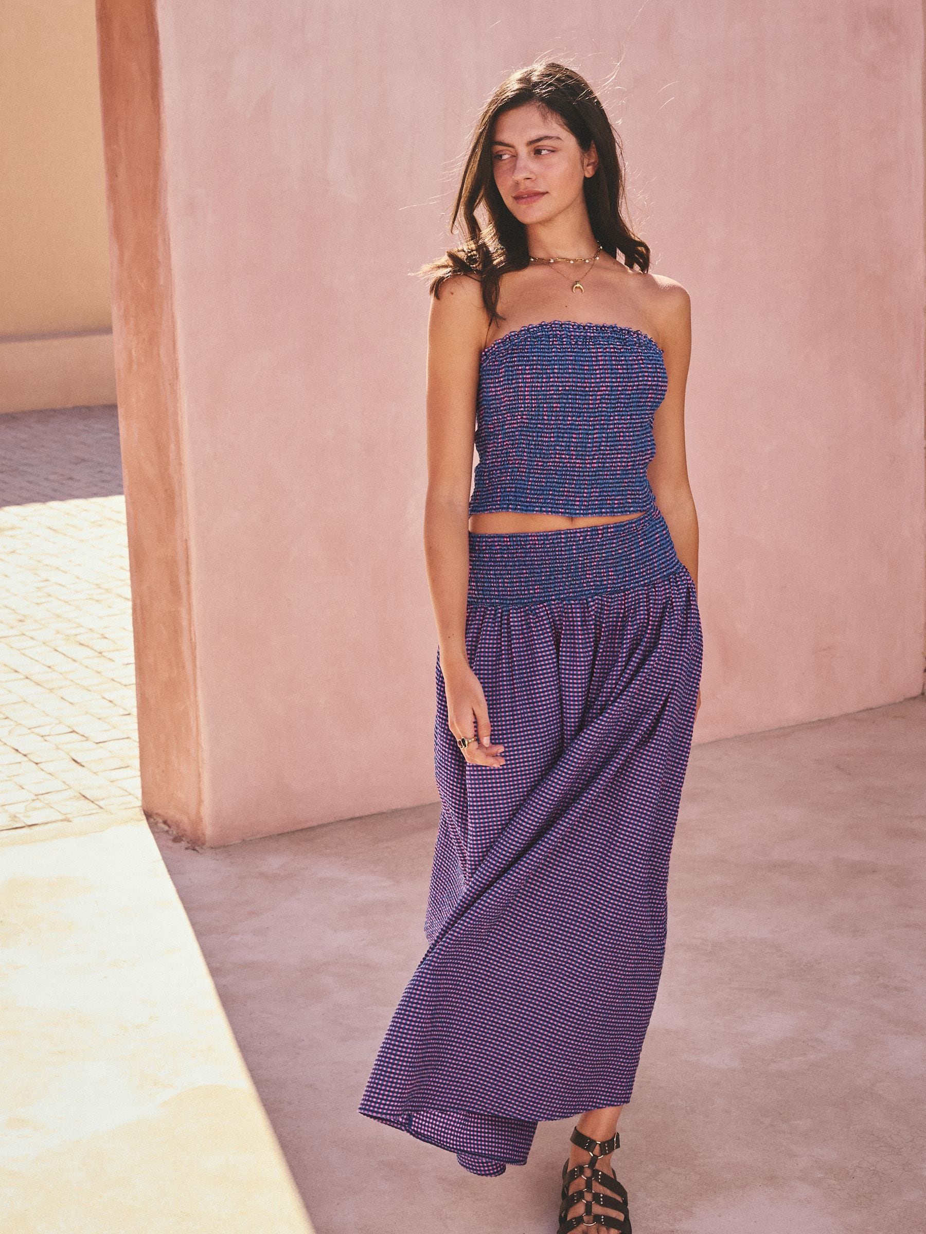 Buy Purple/Blue Gingham Smocked Waistband Maxi Skirt from the Next