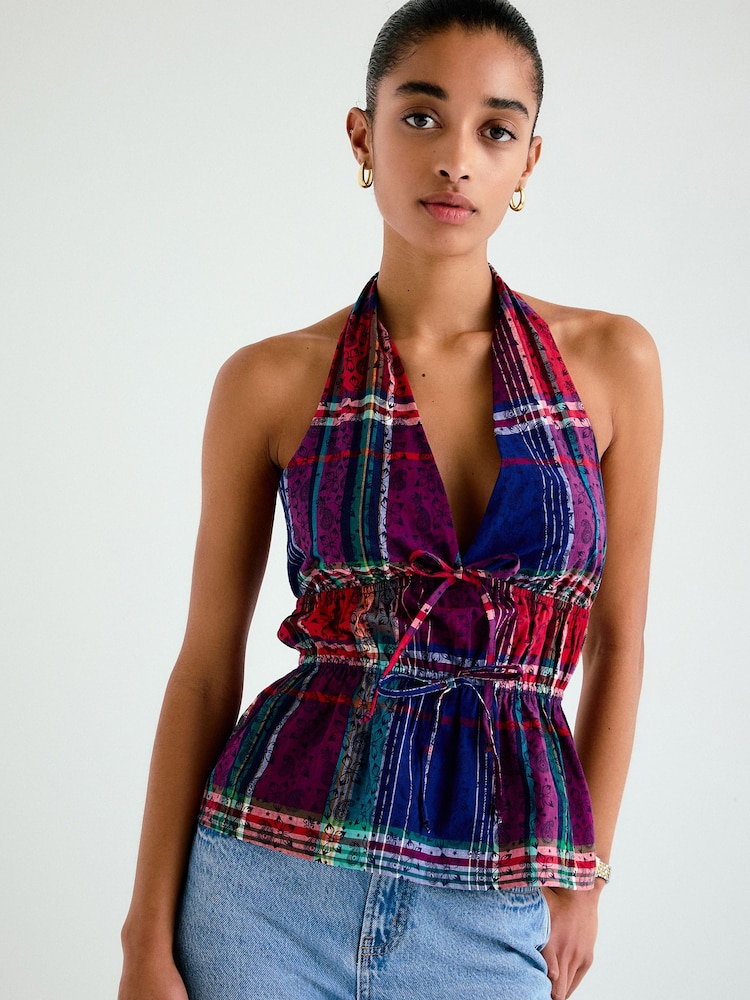 Blue/Red Paisley Print Halterneck Tie-Front Top - Image 2 of 9