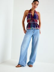 Blue/Red Paisley Print Halterneck Tie-Front Top - Image 3 of 9