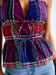 Blue/Red Paisley Print Halterneck Tie-Front Top - Image 6 of 9