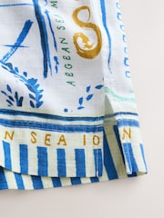 White/Blue Scenic Border Print Short Sleeve Boxy T-Shirt with Linen - Image 2 of 3