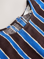 Brown/Blue Stripe Sun Border Print Short Sleeve Boxy T-Shirt with Linen - Image 2 of 3