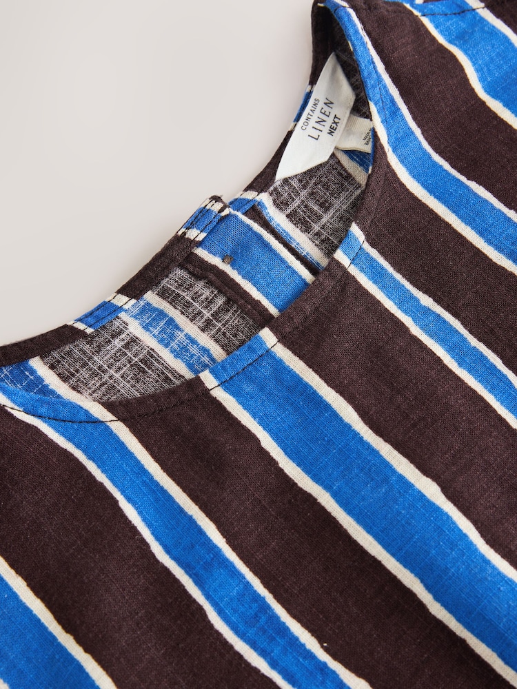 Brown/Blue Stripe Sun Border Print Short Sleeve Boxy T-Shirt with Linen - Image 2 of 3