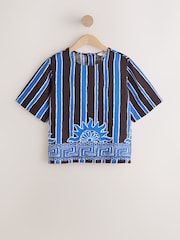 Brown/Blue Stripe Sun Border Print Short Sleeve Boxy T-Shirt with Linen - Image 5 of 7
