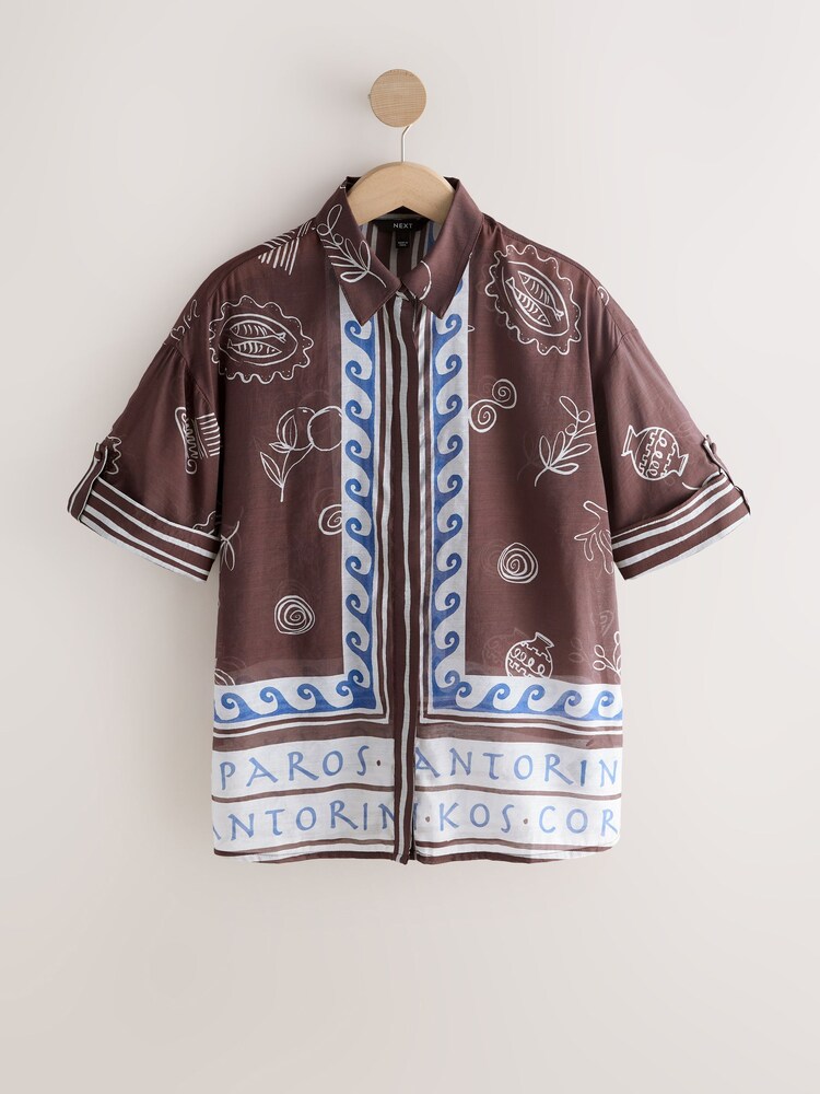 Chocolate Brown Border Print - Lightweight Short Sleeve Shirt - صورة 1 من 3