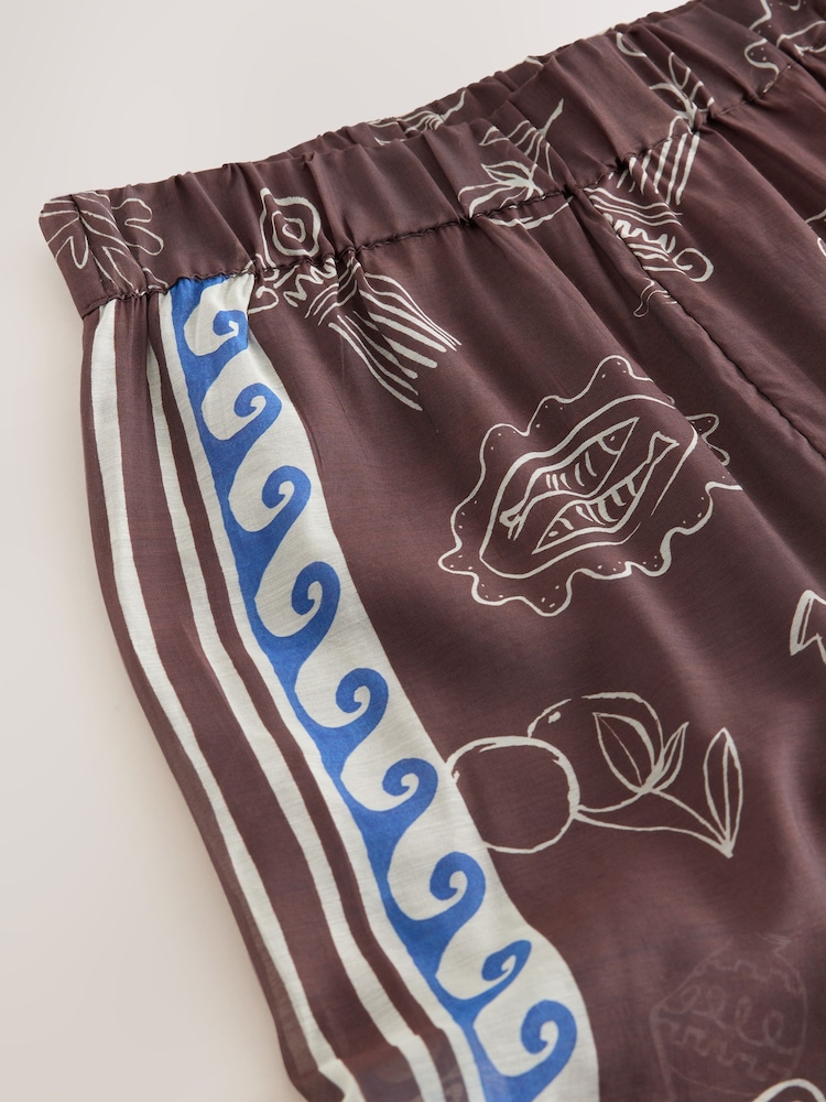 Brown/Blue Border Print Lightweight Pull-On Wide Leg Trousers - Image 3 of 3
