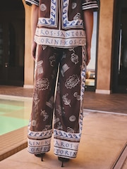 Brown/Blue Border Print - Lightweight Pull-On Wide Leg Trousers - Bild 4 von 8