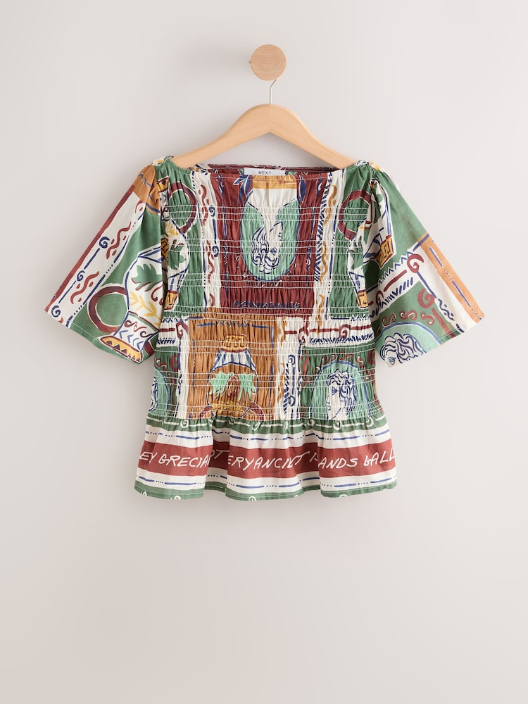 Brown/Green Tile Border Print Smocked Slash Neck Short Sleeve Top - Image 1 of 3