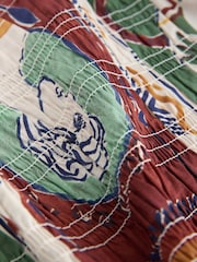 Brown/Green Tile Border Print Smocked Slash Neck Short Sleeve Top - Image 2 of 3