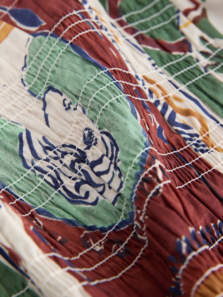 Brown/Green Tile Border Print Smocked Slash Neck Short Sleeve Top - Image 2 of 3