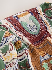 Brown/Green Tile Border Print Smocked Slash Neck Short Sleeve Top - Image 3 of 3