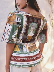 Brown/Green Tile Border Print Smocked Slash Neck Short Sleeve Top - Image 4 of 8