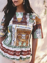 Brown/Green Tile Border Print Smocked Slash Neck Short Sleeve Top - Image 5 of 8