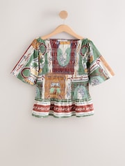 Brown/Green Tile Border Print Smocked Slash Neck Short Sleeve Top - Image 6 of 8