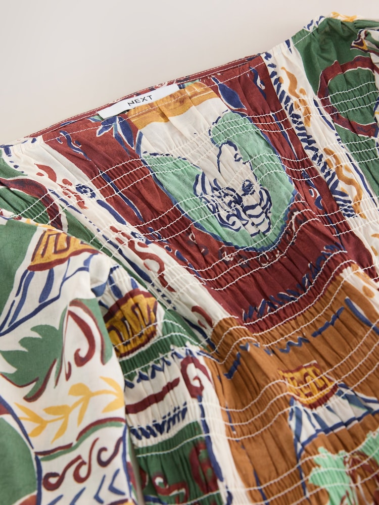 Brown/Green Tile Border Print Smocked Slash Neck Short Sleeve Top - Image 8 of 8