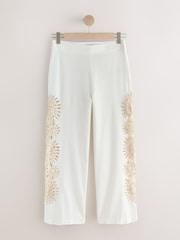 بيج فاتح - Crochet Insert Wide Leg Lightweight Trousers With Linen - Image 1 of 4