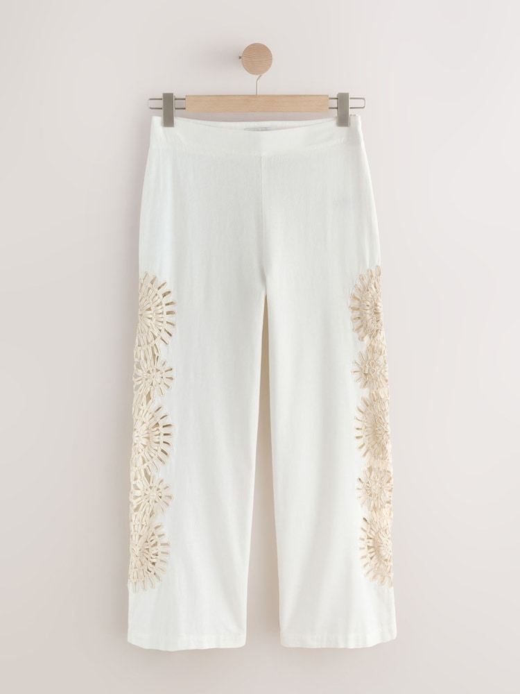 بيج فاتح - Crochet Insert Wide Leg Lightweight Trousers With Linen - Image 1 of 4