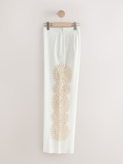 بيج فاتح - Crochet Insert Wide Leg Lightweight Trousers With Linen - Image 2 of 4