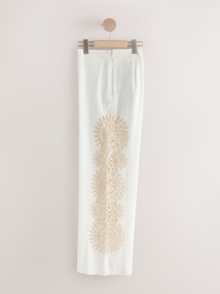 بيج فاتح - Crochet Insert Wide Leg Lightweight Trousers With Linen - Image 2 of 4