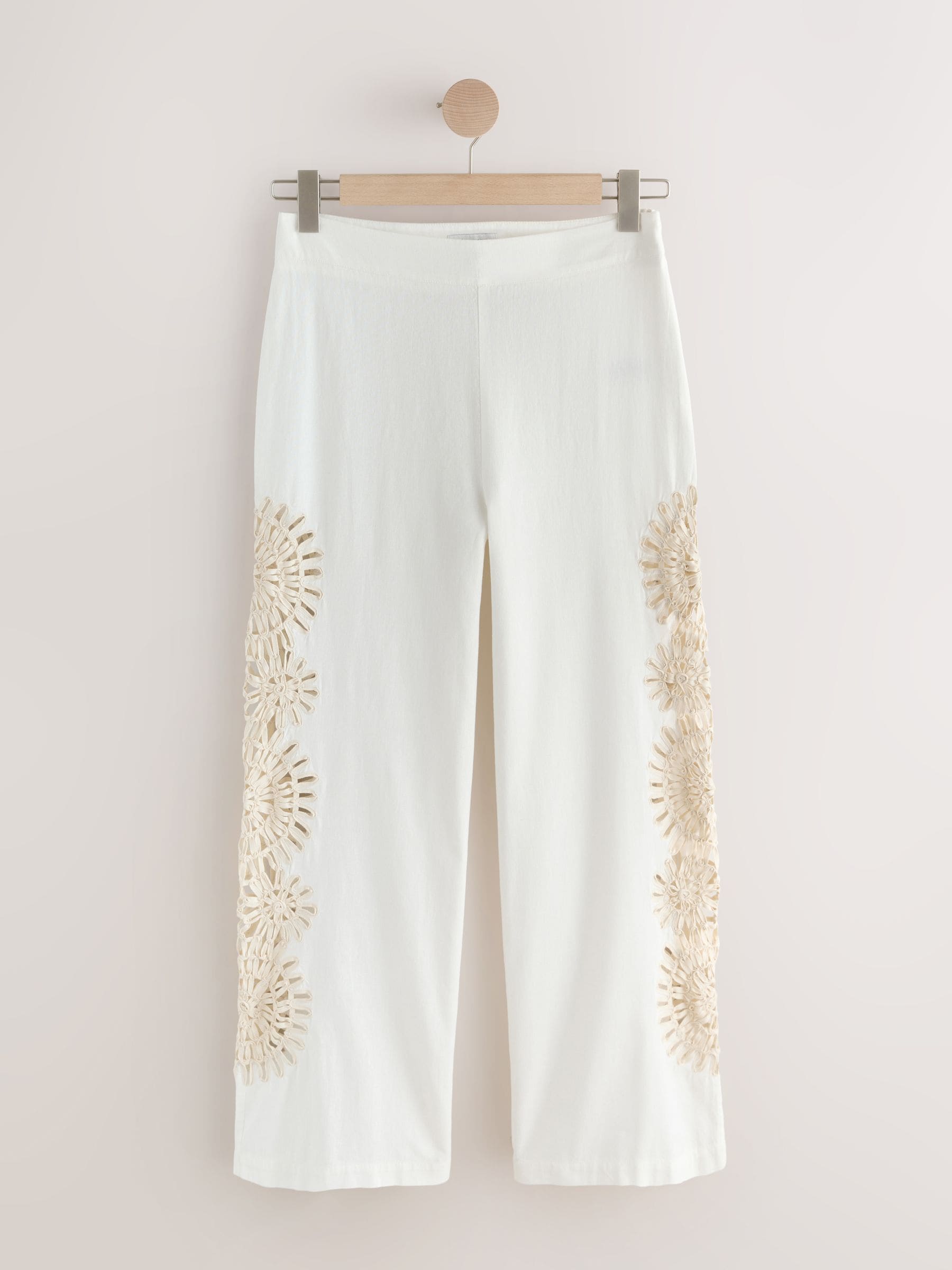 Buy Ecru Crochet Insert Wide Leg Lightweight Trousers With Linen
