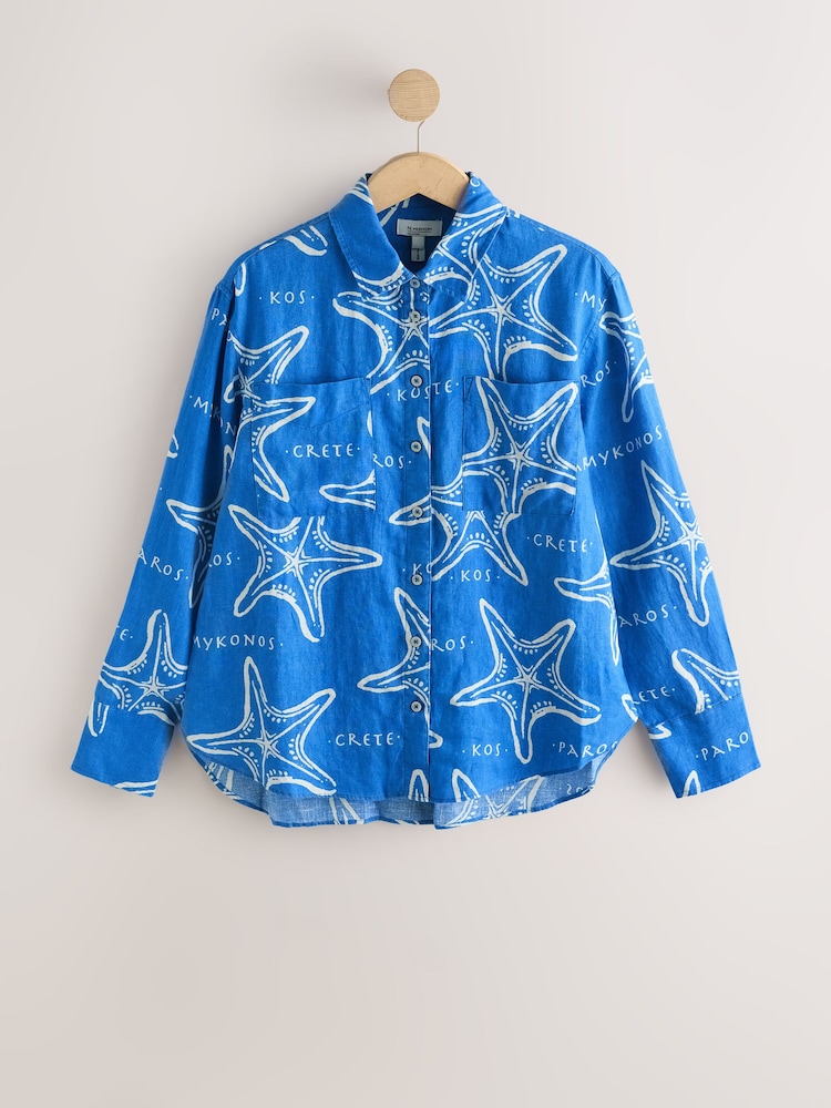 Blue/White Starfish Print 100% Linen Long Sleeve Shirt - Image 1 of 3 Blue/White Starfish Print 100% Linen Long Sleeve Shirt - Image 1 of 3