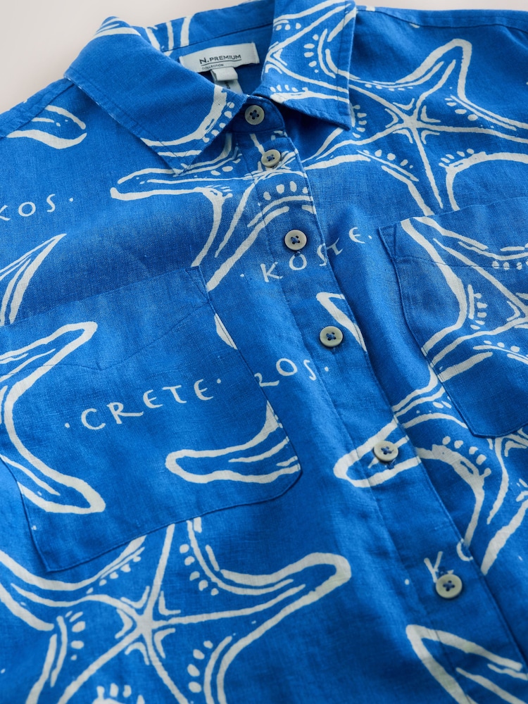 Blue/White Starfish Print 100% Linen Long Sleeve Shirt - Image 3 of 3 Blue/White Starfish Print 100% Linen Long Sleeve Shirt - Image 3 of 3