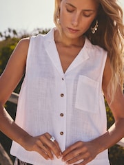 White Revere Collar Sleeveless Shirt with Linen - Image 5 of 8