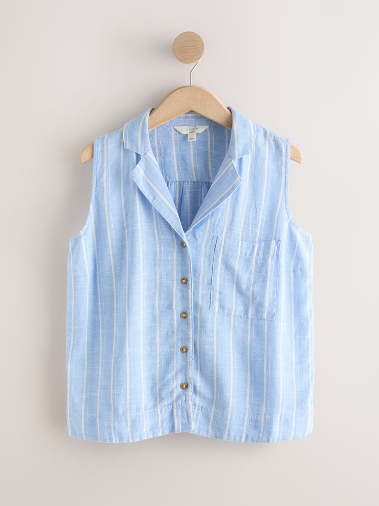 مقلم أزرق/أبيض - Revere Collar Sleeveless Shirt with Linen - Image 1 of 3 مقلم أزرق/أبيض - Revere Collar Sleeveless Shirt with Linen - Image 1 of 3