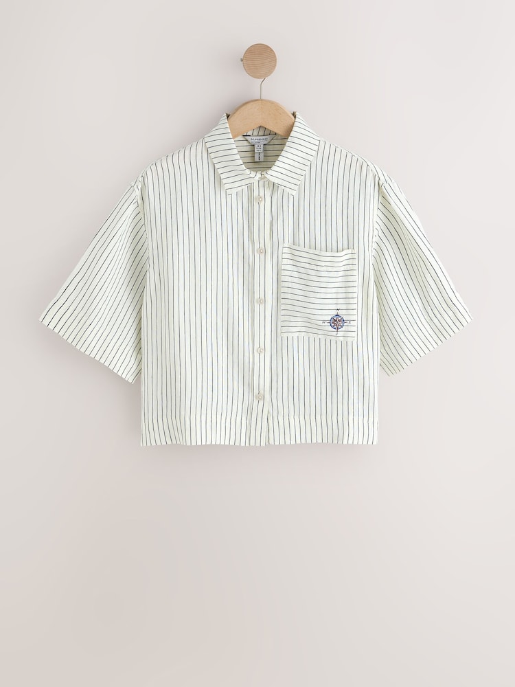 Ecru Compass Print N. Premium Linen Short Sleeve Shirt - Image 1 of 3