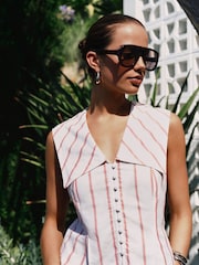 Red/White Stripe Sailor Collar Sleeveless Top with Linen - Image 1 of 8