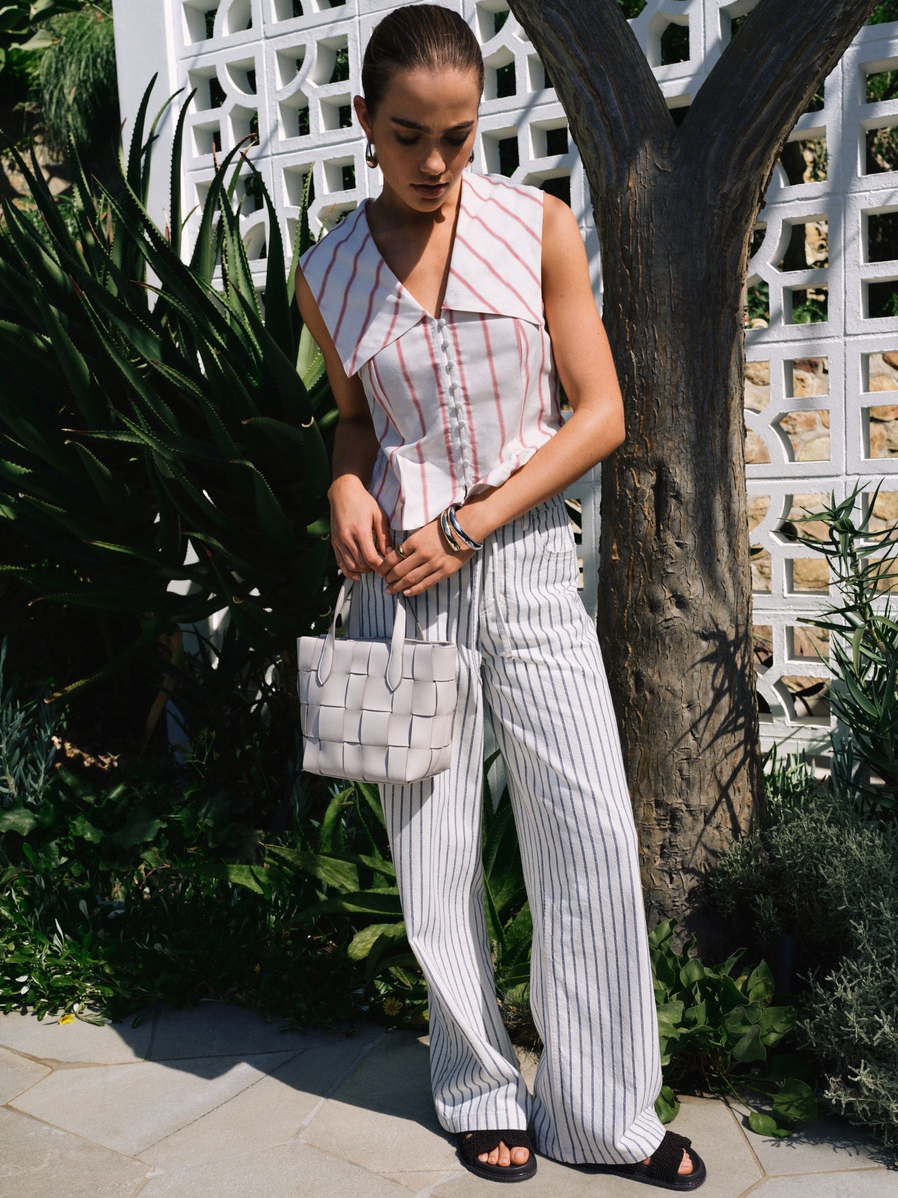 Buy Red/White Stripe Sailor Collar Sleeveless Top with Linen from