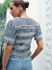 Navy Blue Gingham Sailor Collar Tie Front Top - Image 3 of 8