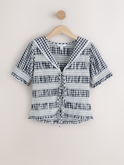 Navy Blue Gingham Sailor Collar Tie Front Top - Image 5 of 8