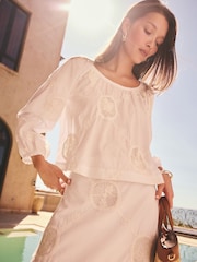 White Crochet Insert Long Sleeve Bardot Top - Image 1 of 5