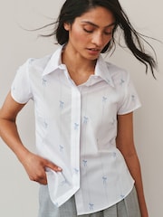 White/Blue Bow Print Fitted Stretch Essential Short Sleeve Shirt - Image 1 of 4