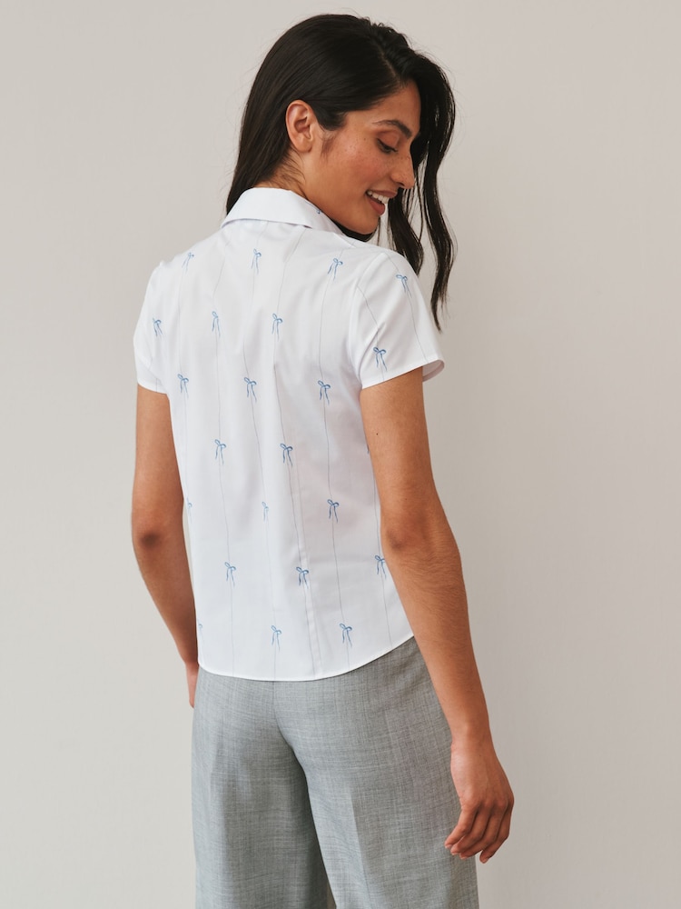 White/Blue Bow Print Fitted Stretch Essential Short Sleeve Shirt - Image 2 of 4 White/Blue Bow Print Fitted Stretch Essential Short Sleeve Shirt - Image 2 of 4