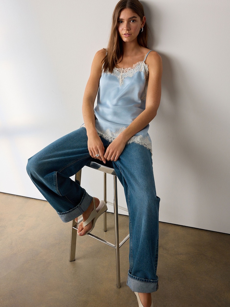 Blue/Cream Asymmetric Hem Lace Cami Top - Image 2 of 7