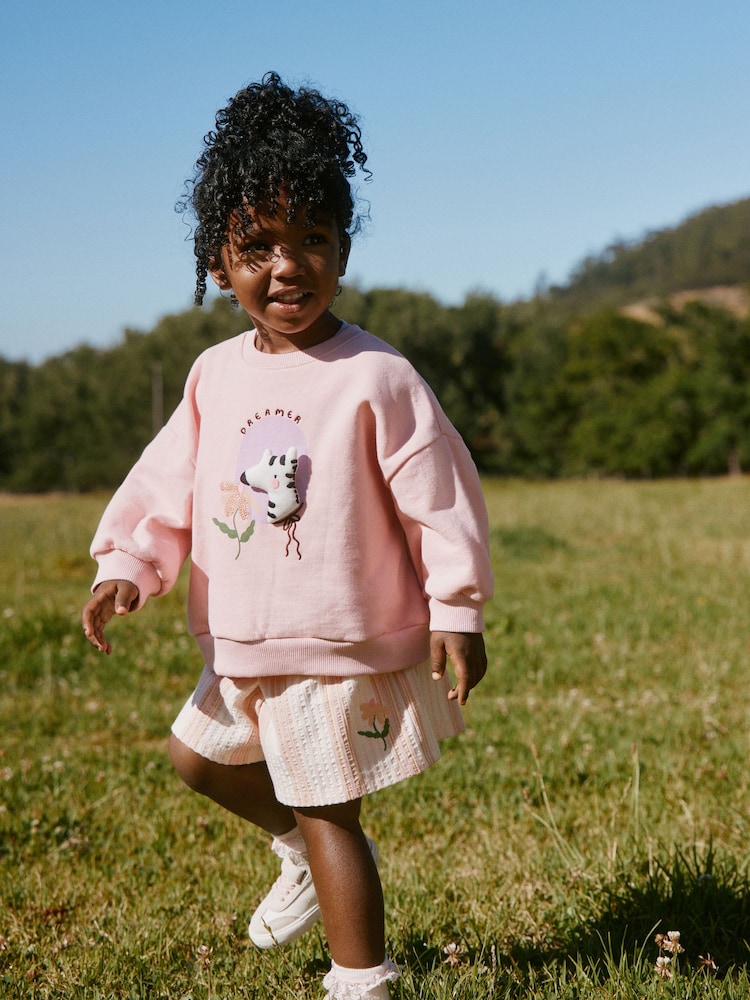 Light Pink Zebra Stripe Crew Neck Sweatshirt & Shorts Set (3mths-7yrs) - Image 1 of 8