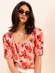 Friends Like These Red Floral Short Sleeve Button Front Blouse - Image 1 of 5