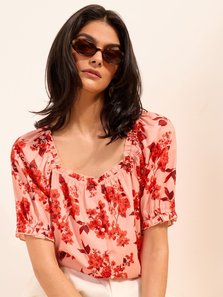 Friends Like These Red Floral Short Sleeve Button Front Blouse - Image 1 of 5 Friends Like These Red Floral Short Sleeve Button Front Blouse - Image 1 of 5