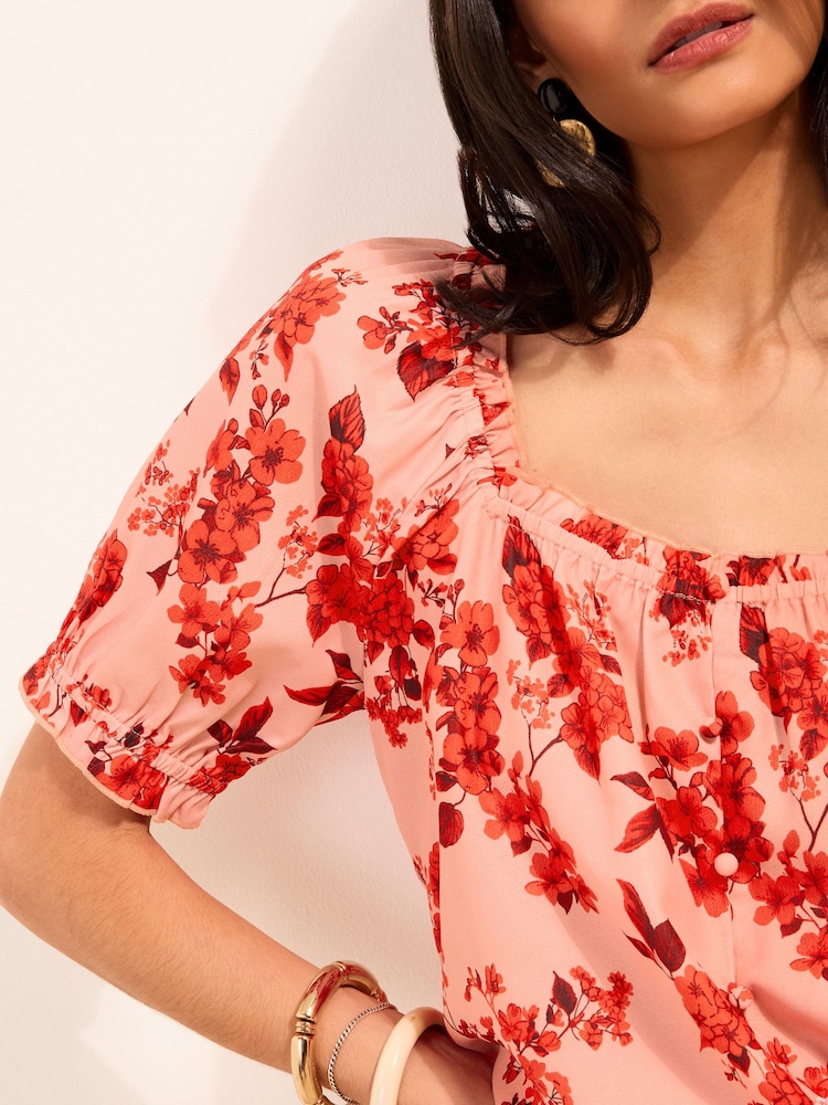 Friends Like These Red Floral Short Sleeve Button Front Blouse - Image 2 of 5 Friends Like These Red Floral Short Sleeve Button Front Blouse - Image 2 of 5