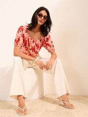 Friends Like These Red Floral Short Sleeve Button Front Blouse - Image 3 of 5