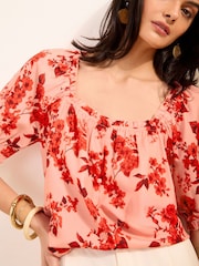 Friends Like These Red Floral Short Sleeve Button Front Blouse - Image 4 of 5