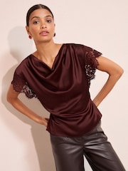Friends Like These Red Petite Satin Lace Detail Cowl Neck Blouse - Image 2 of 4