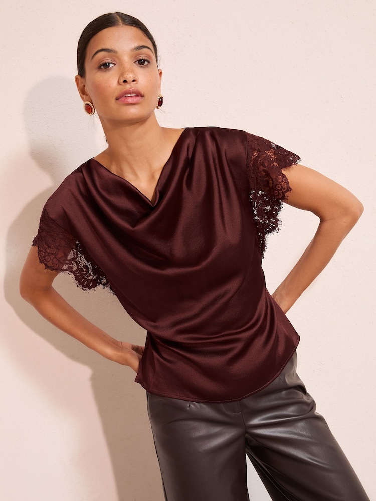 Friends Like These Red Petite Satin Lace Detail Cowl Neck Blouse - Image 2 of 4