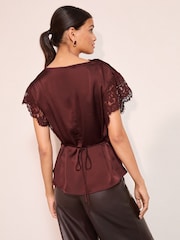 Friends Like These Red Petite Satin Lace Detail Cowl Neck Blouse - Image 4 of 4